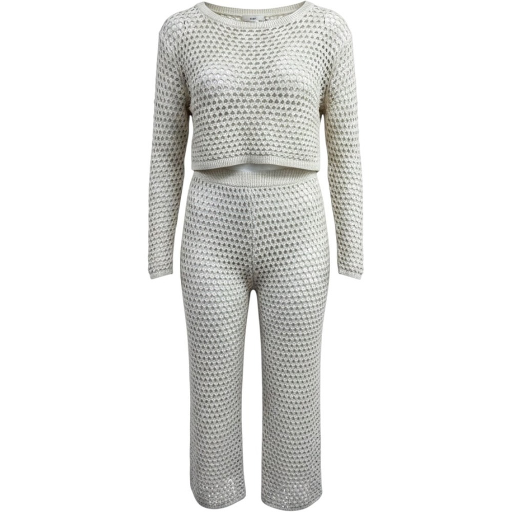 Aerie Cream Crochet Knit 2 Piece Set Crop Sweater Wide Leg Pants Small/Medium